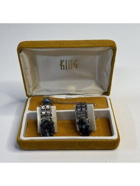 Unique Vintage King Cufflinks and Matching Tie Tac Picasso Stone Silver Tone